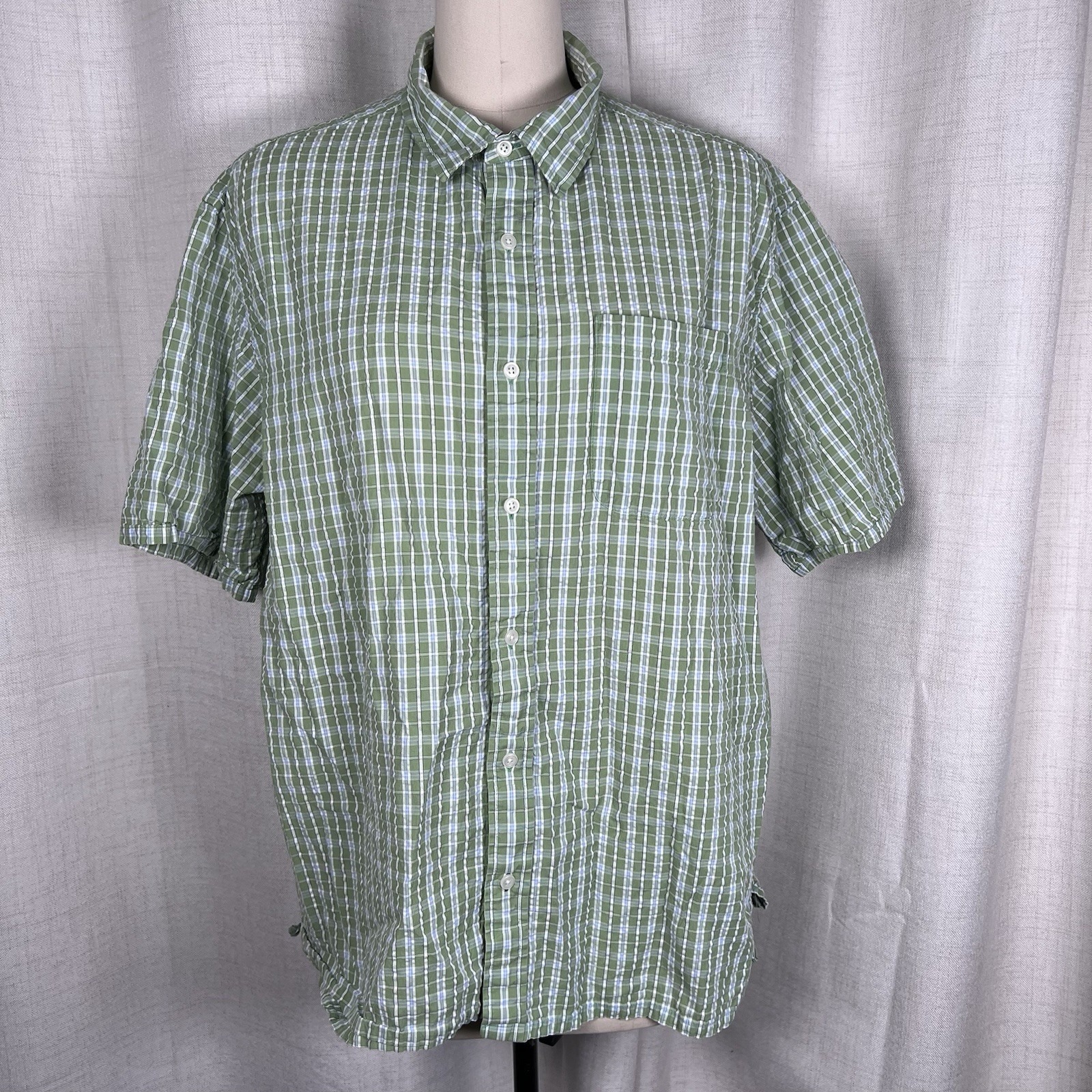 Ll Bean Shirt Mens Xl Seersucker Traditional Fit Check Button Up Cotton Green